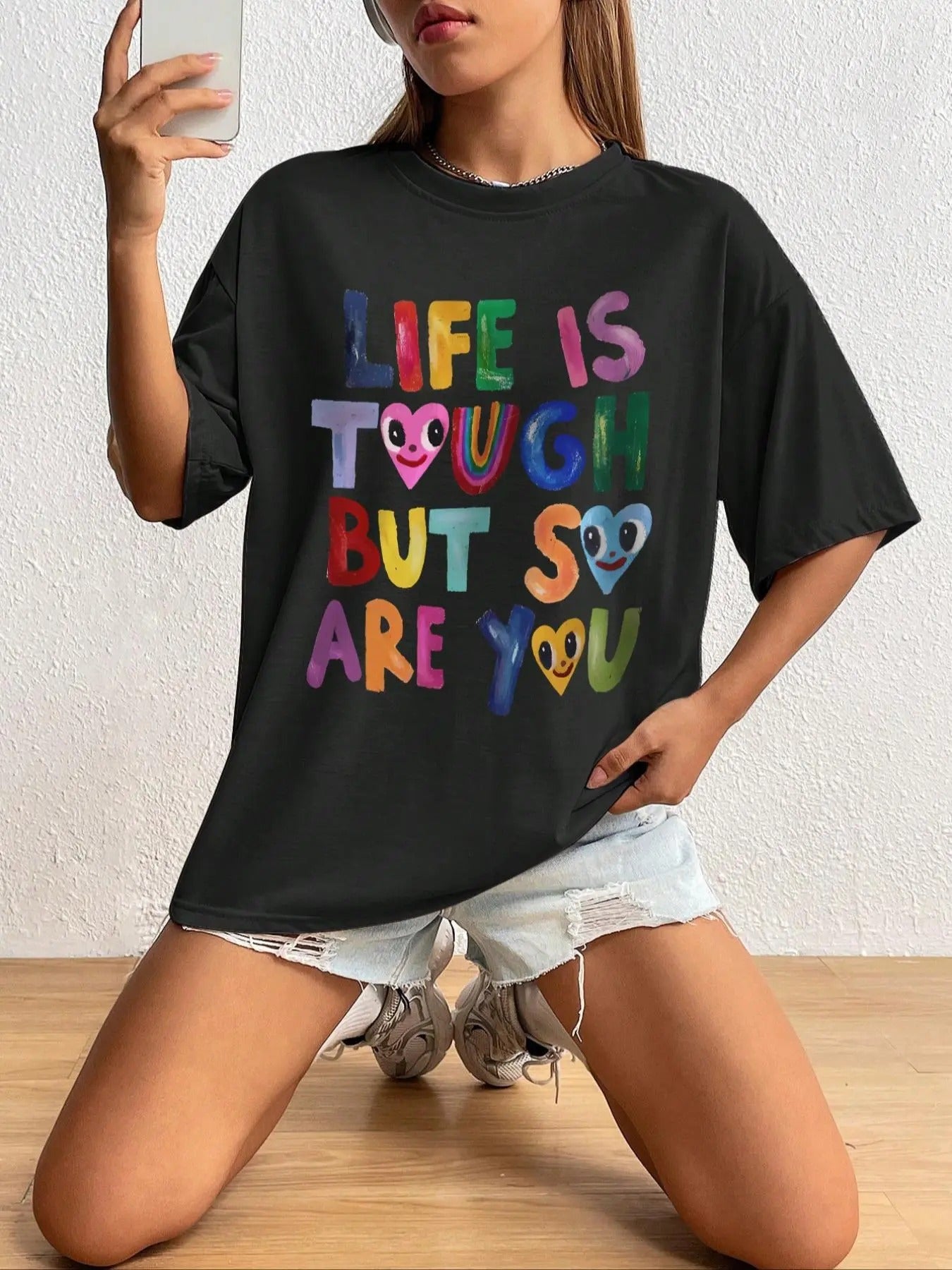 Women's Cartoon Heart & Letter Print Tee, Fashion Casual Crew Neck Half Sleeve T-shirt, Ladies Teen Girls Summer Clothes...