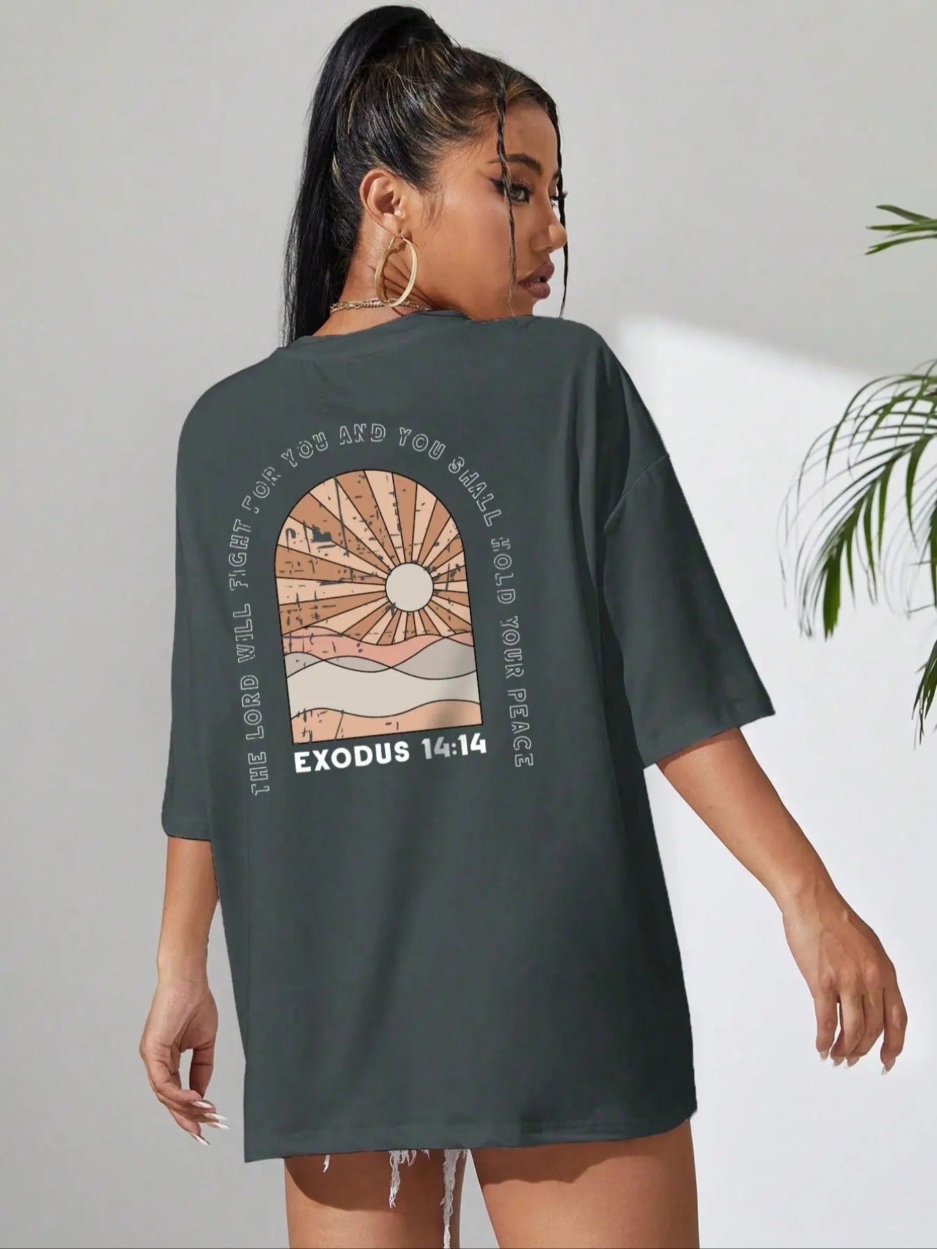 Women's Cartoon Landscape & Letter Print Round Neck Tee, Casual Graphic Drop Shoulder Half Sleeve T-Shirt for Summer,...