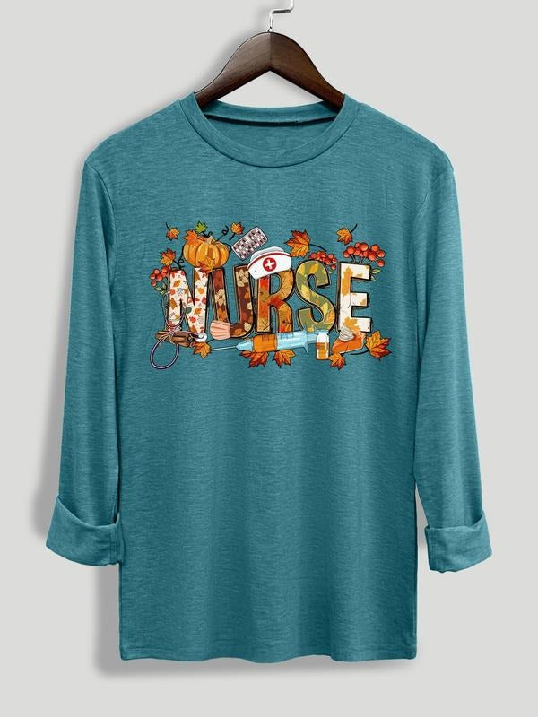 Women's Cartoon Letter Print Long Sleeve Tee, Casual Round Neck T-shirt for All Seasons, Women's Clothes for Daily Wear...