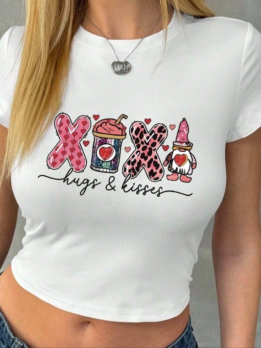 Women's Cartoon Letter Print Round Neck Tee, Casual Short Sleeve T-shirt for Summer, Ladies Clothes for Daily Wear...