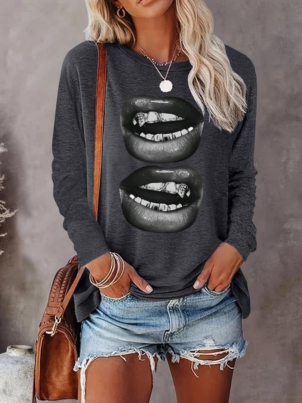 Women's Cartoon Lip Print Drop Shoulder Sweatshirt, Casual Long Sleeve Round Neck Pullover for Fall & Winter, Ladies...