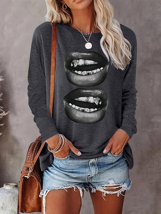 Women's Cartoon Lip Print Drop Shoulder Sweatshirt, Casual Long Sleeve Round Neck Pullover for Fall & Winter, Ladies...
