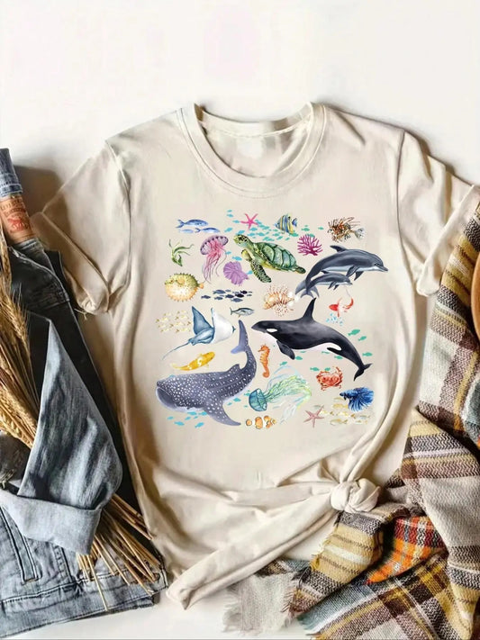 Women's Cartoon Marine Life Print Round Neck Tee, Fashion Casual Short Sleeve T-shirt, Ladies Summer Clothes for Daily...