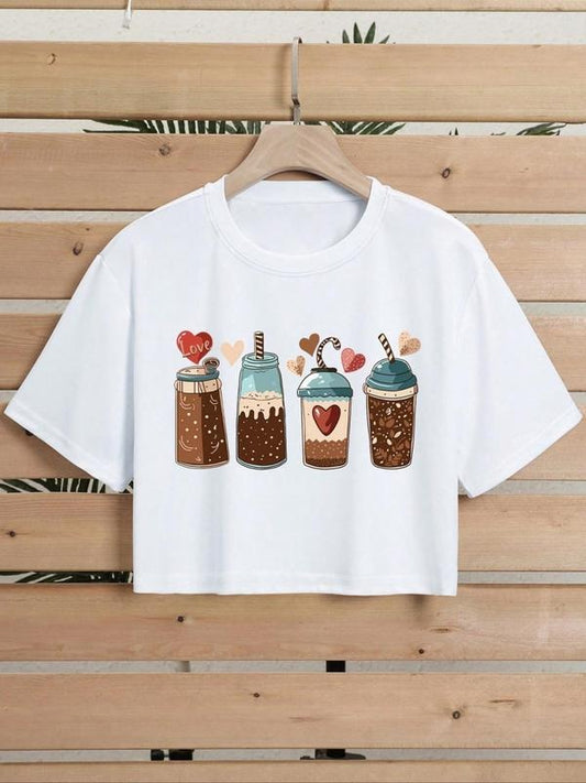 Women's Cartoon Milk Bottle Print Round Neck Cute Graphic Tee, Casual Fashion Drop Shoulder Short Sleeve T-Shirt for...
