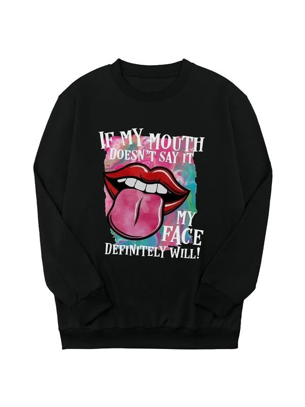 Women's Cartoon Mouth & Letter Print Drop Shoulder Sweatshirt, Casual Long Sleeve Round Neck Pullover for Daily Wear,...