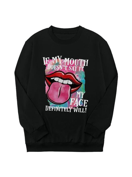Women's Cartoon Mouth & Letter Print Drop Shoulder Sweatshirt, Casual Long Sleeve Round Neck Pullover for Daily Wear,...
