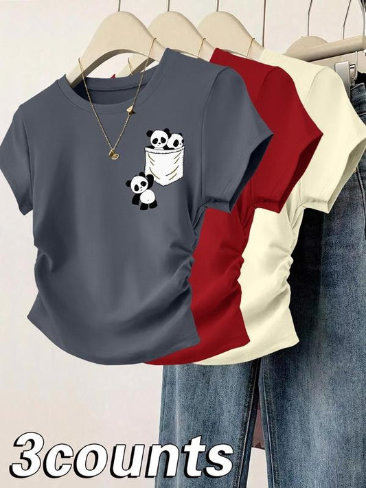 Women's Cartoon Panda Print Round Neck Tee, Casual Short Sleeve T-shirt for Daily Wear, Ladies Clothes for All Seasons,...