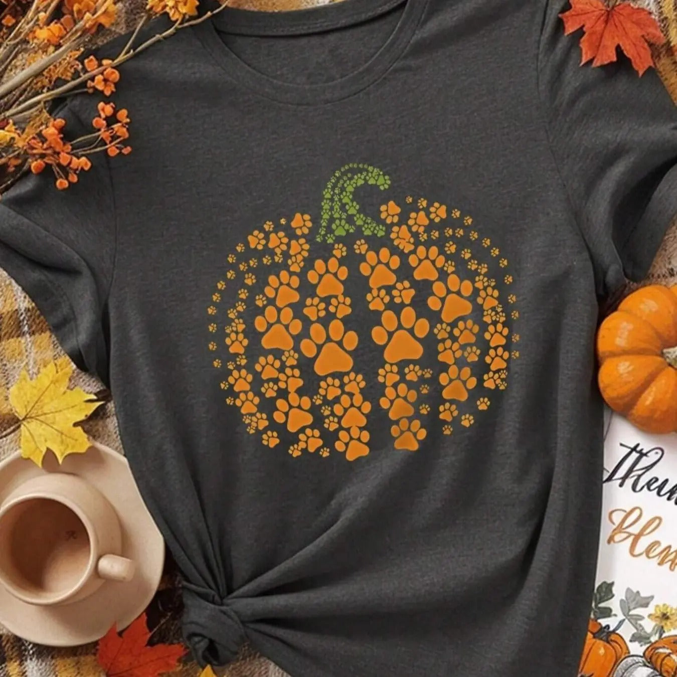 Women's Cartoon Paw & Pumpkin Print Drop Shoulder Tee, Casual Half Sleeve Round Neck T-shirt for All Seasons, Women's Top...