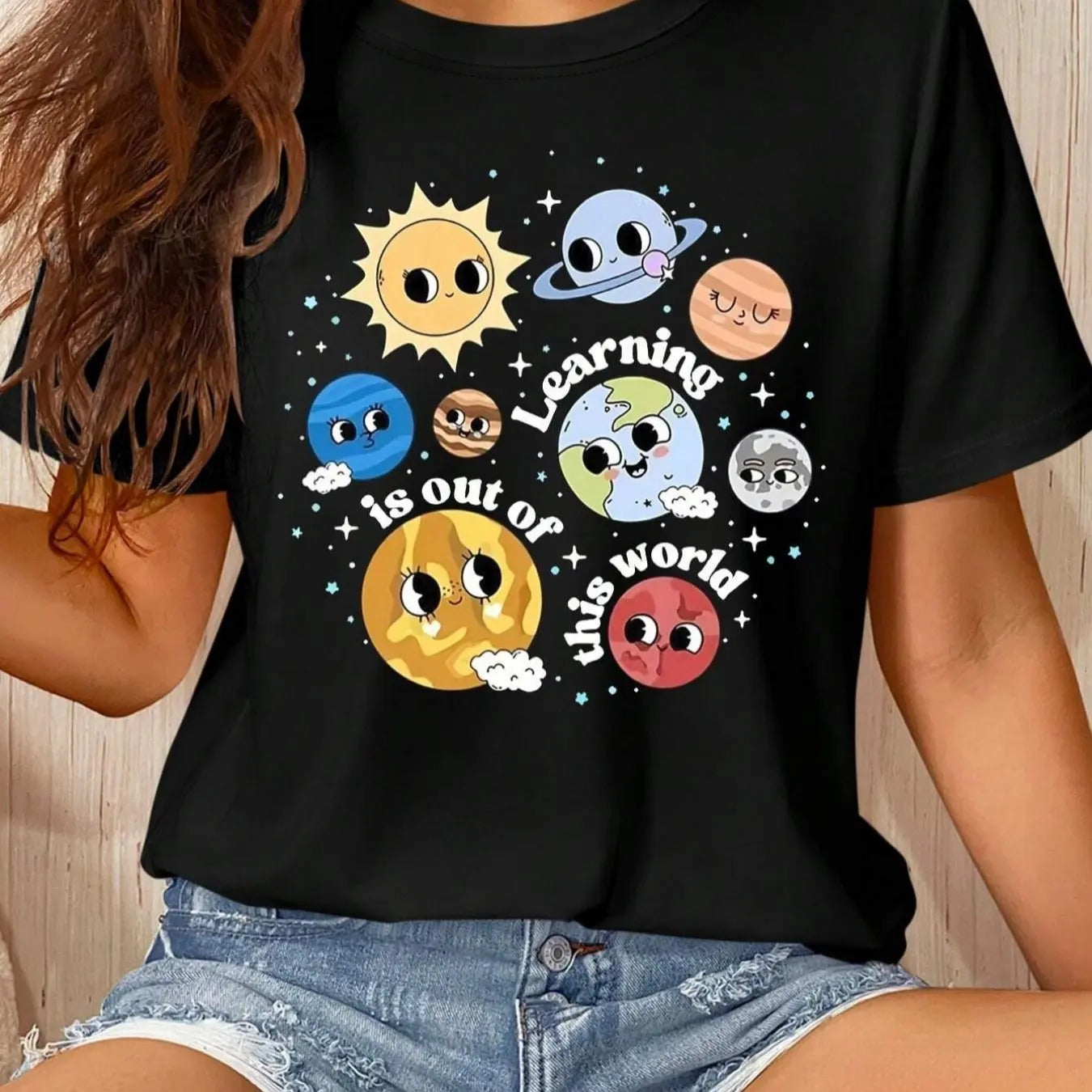 Women's Cartoon Planet Print Round Neck Tee, Cute Short Sleeve T-Shirt for Summer, Women's Top for Daily Wear Hoodie,...