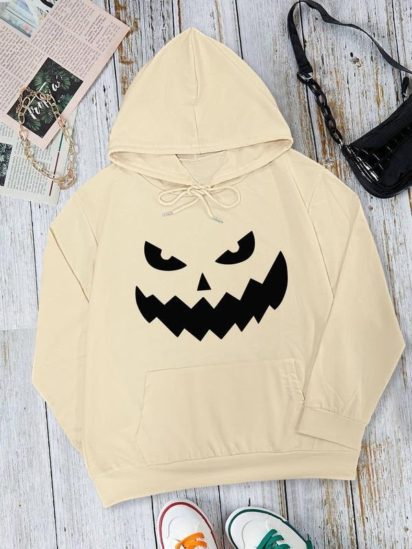 Women's Cartoon Print Drawstring Pocket Hoodie, Halloween Casual Drop Shoulder Long Sleeve Hooded Sweatshirt, Lady Fall &...
