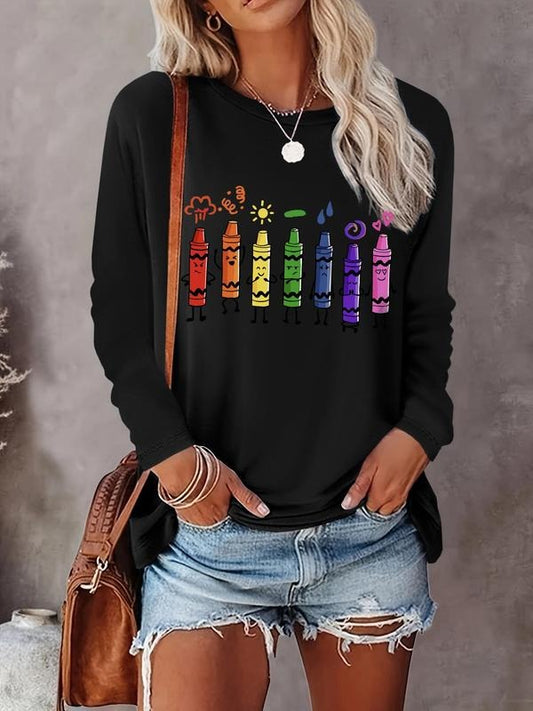 Women's Cartoon Print Drop Shoulder T-shirt, Casual Long Sleeve Round Neck Top for Daily Wear, Women's Clothing for All...