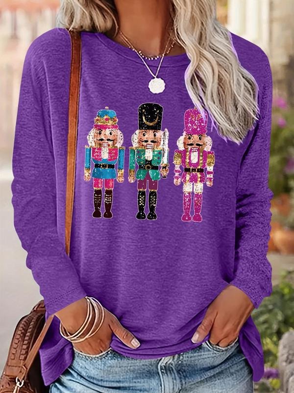 Women's Cartoon Print Drop Shoulder Tee, Casual Long Sleeve Round Neck Pullover for Fall & Winter, Ladies Clothes for...