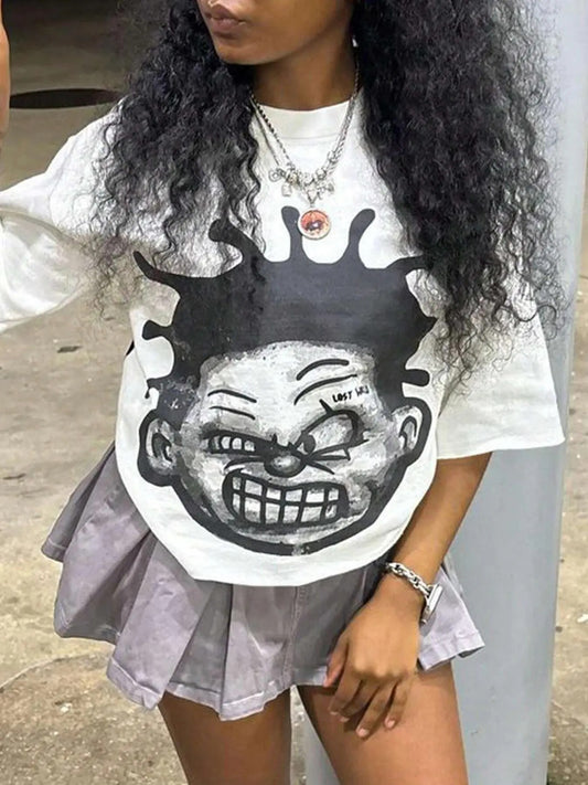 Women's Cartoon Print Drop Shoulder Tee, Fashion Casual Crew Neck T-Shirt for Daily Holiday Vacation Outdoor Wear, Ladies...