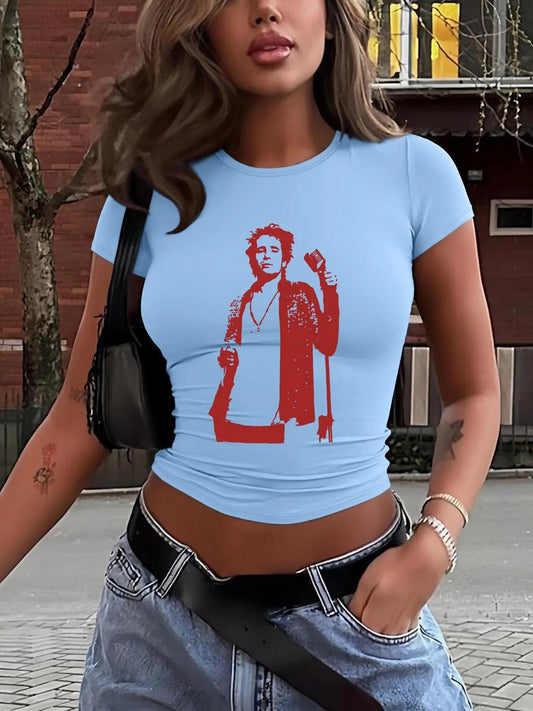 Women's Cartoon Print Round Neck Crop Tee, Fashion Casual Crew Neck T-shirt for Daily Holiday Vacation Outdoor Wear,...