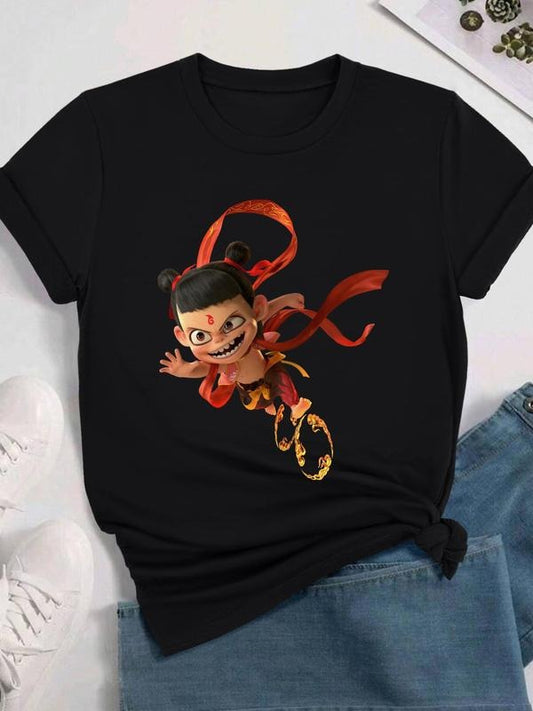 Women's Cartoon Print Round Neck Tee, Fashion Casual Short Sleeve T-Shirt for Daily Holiday Vacation Outdoor Wear, Ladies...