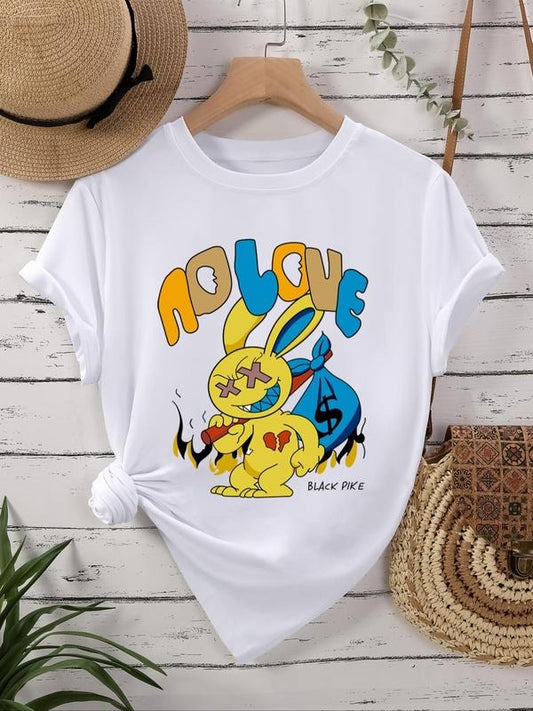 Women's Cartoon Rabbit & Letter Print Round Neck Tee, Fashion Casual Crew Neck T-Shirt for Daily Holiday Vacation Outdoor...