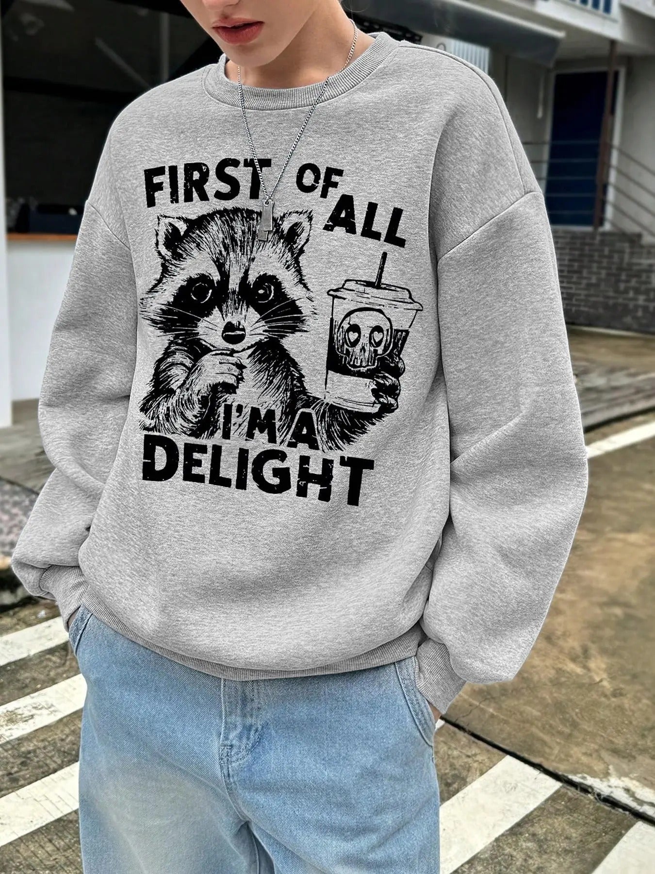 Women's Cartoon Raccoon & Letter Print Sweatshirt, Casual Long Sleeve Round Neck Pullover for Daily Wear, Ladies Clothes...