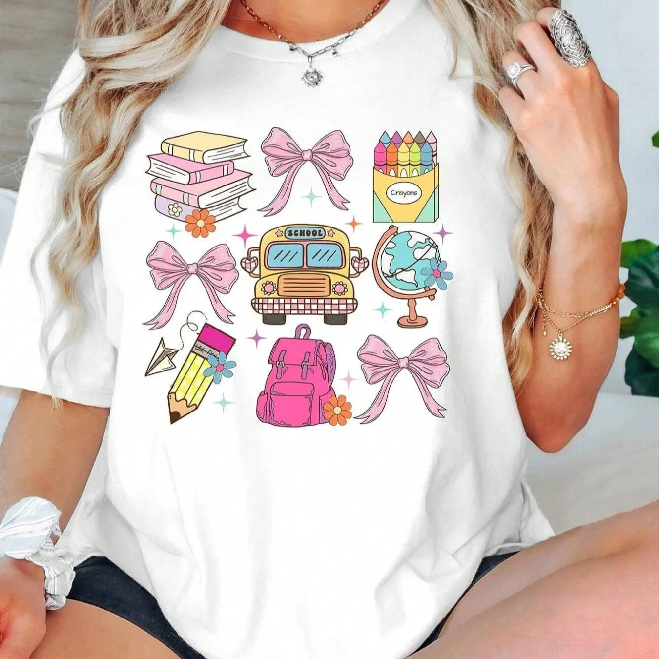 Women's Cartoon School Bus & Letter Print Drop Shoulder Tee, Casual Half Sleeve Round Neck T-Shirt for Summer, Women's...