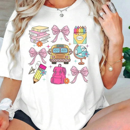 Women's Cartoon School Bus & Letter Print Drop Shoulder Tee, Casual Half Sleeve Round Neck T-Shirt for Summer, Women's...