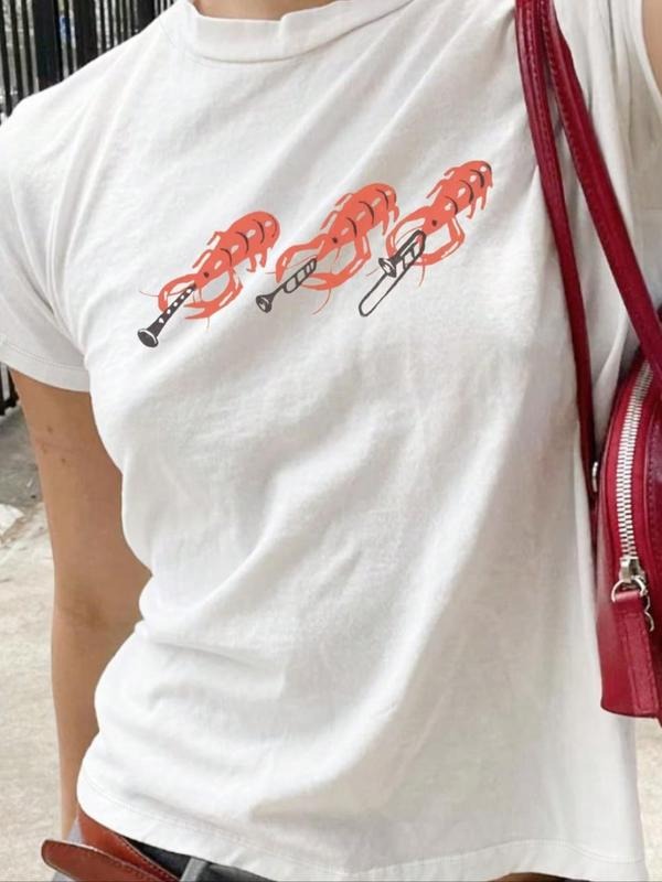 Women's Cartoon Shrimp Print Round Neck Tee, Casual Short Sleeve Crew Neck T-shirt for Summer, Fashion Women's Top for...