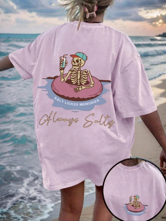 Women's Cartoon Skeleton & Letter Print Drop Shoulder Tee, Casual Cute Half Sleeve Round Neck T-shirt for Summer, Women's...