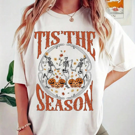 Women's Cartoon Skeleton & Pumpkin Graphic Print Round Neck Tee, Halloween Fashion Casual Short Sleeve T-shirt, Ladies...