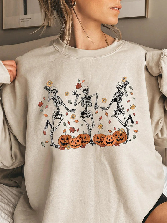 Women's Cartoon Skeleton & Pumpkin Print Drop Shoulder Sweatshirt, Casual Halloween Long Sleeve Round Neck Pullover for...