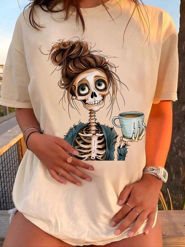Women's Cartoon Skeleton Print Drop Shoulder Tee, Casual Half Sleeve Round Neck T-shirt for Summer, Women's Top for Daily...