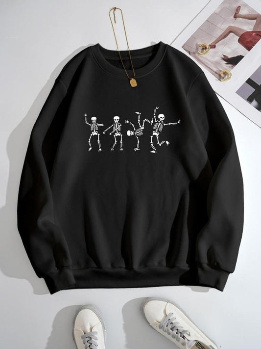 Women's Cartoon Skeleton Print Round Neck Sweatshirt Without Necklace, Casual Long-sleeve Crew Neck Pullover for Fall &...