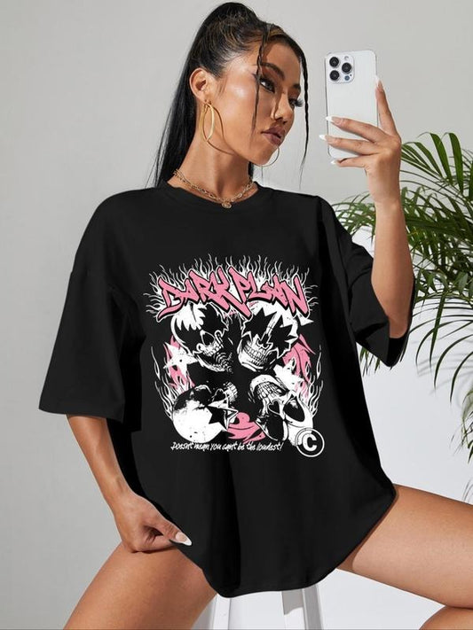 Women's Cartoon Skull Graphic Round Neck Tee, Casual Letter Print Drop Shoulder Half Sleeve T-Shirt for Daily Wear,...