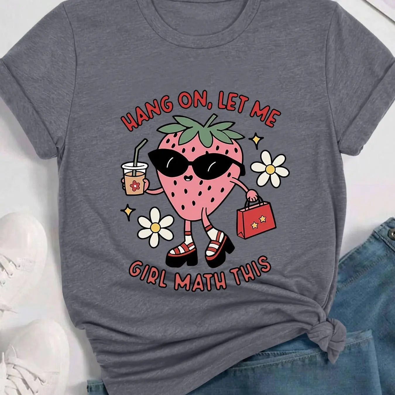 Women's Cartoon Strawberry & Floral Print Round Neck Tee, Fashion Casual Crew Neck Short Sleeve T-Shirt for Daily Holiday...