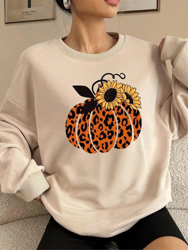 Women's Cartoon Sunflower Print Crew Neck Sweatshirt, 1 Count Casual Long Sleeve Pullover for Fall & Winter, Women's...