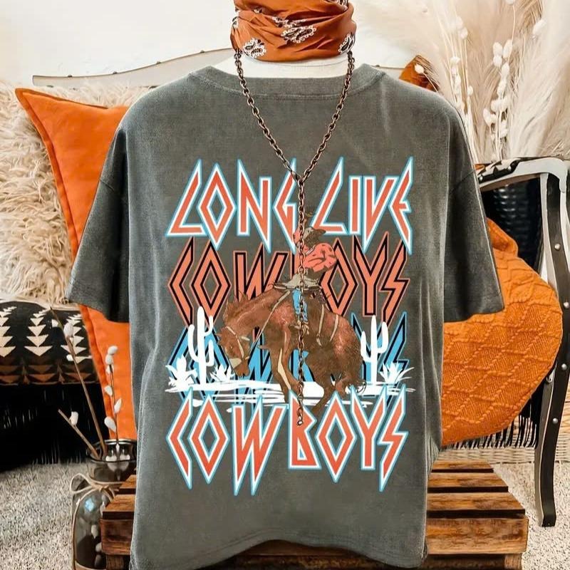 Women's Casual Short Sleeve Crew Neck T-Shirt with Bold Letter Print & Cowboy Graphic, Summer & Spring Top, Machine...