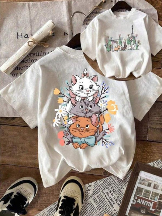Women's Cat & Floral Print Round Neck Tee, Casual Short Sleeve Crew Neck T-shirt for Summer, Fashion Women's Top for...