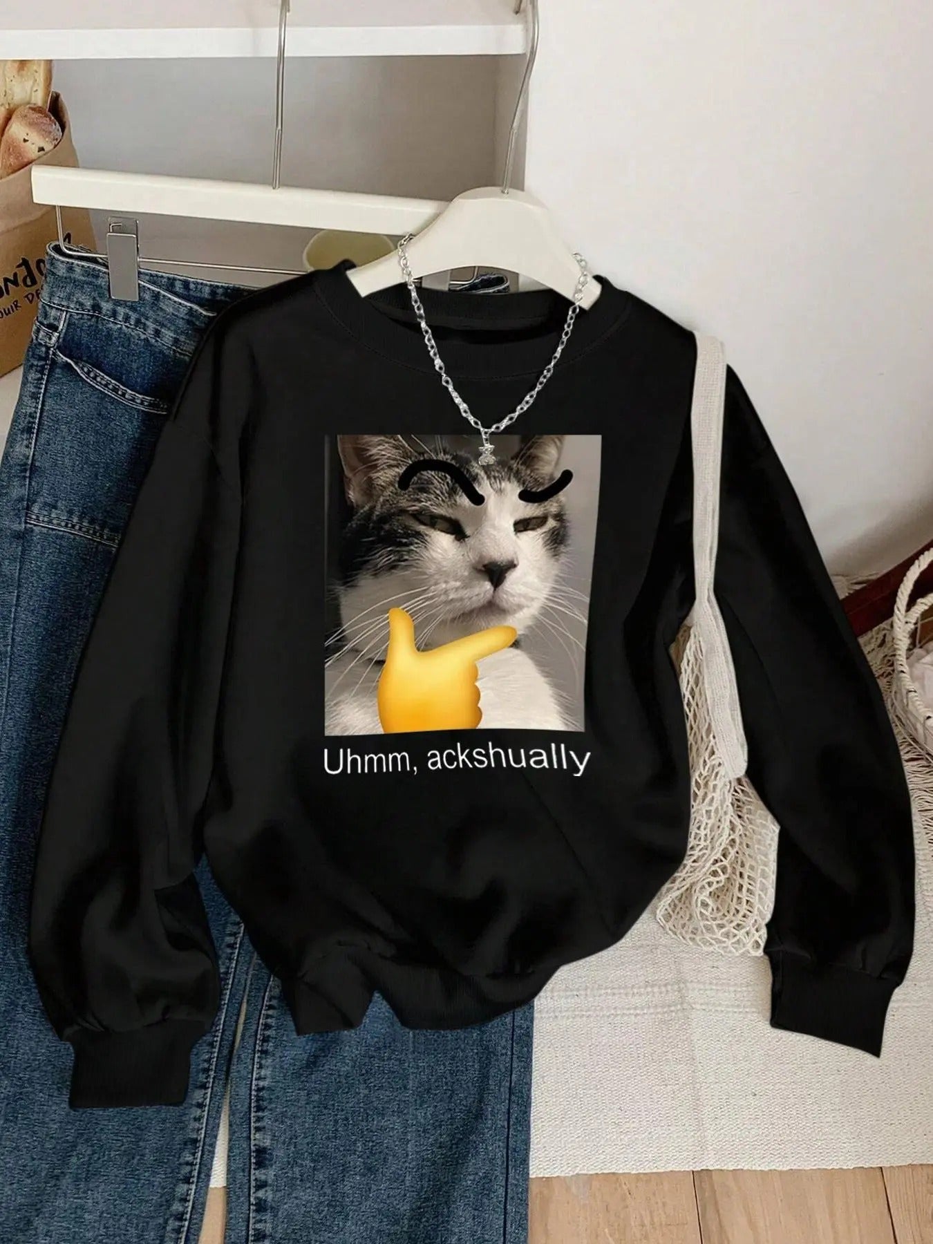 Women's Cat & Letter Print Crew Neck Sweatshirt, Casual Long Sleeve Pullover for Spring & Fall, Fashion Women's Top for...