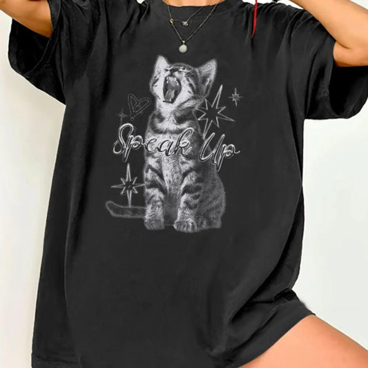 Women's Cat & Letter Print Drop Shoulder Tee, Casual Half Sleeve Round Neck T-shirt for Summer, Women's Top for Daily...