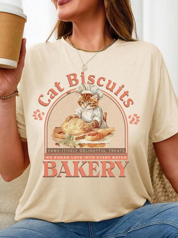 Women's Cat & Letter Print Round Neck Graphic Tee, Vintage Trendy Casual Short Sleeve T-shirt for Daily Wear, Ladies All...