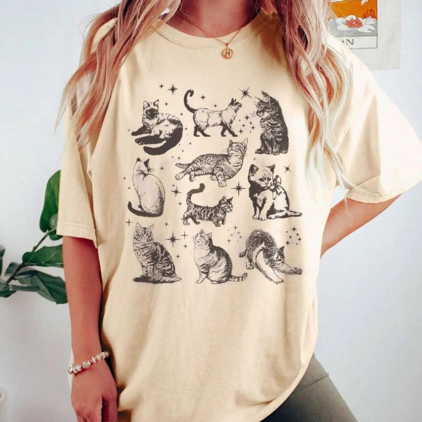 Women's Cat Print Drop Shoulder Tee, Casual Half Sleeve Round Neck T-shirt for Summer, Women's Top for Daily Wear Hoodie,...