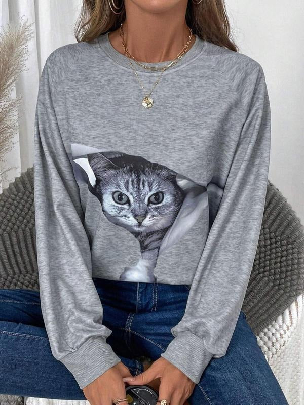 Women's Cat Print Drop Shoulder Thermal Lined Sweatshirt, Casual Long Sleeve Round Neck Pullover for Daily Wear, Ladies...