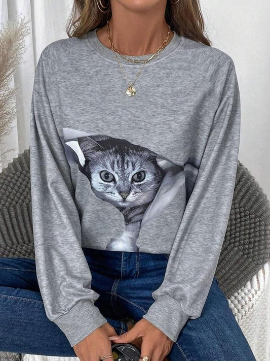 Women's Cat Print Drop Shoulder Thermal Lined Sweatshirt, Casual Long Sleeve Round Neck Pullover for Daily Wear, Ladies...