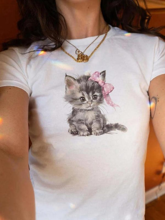 Women's Cat Print Round Neck Tee, Cute Graphic Short Sleeve T-Shirt for Daily Wear, Ladies Clothes for All Seasons...
