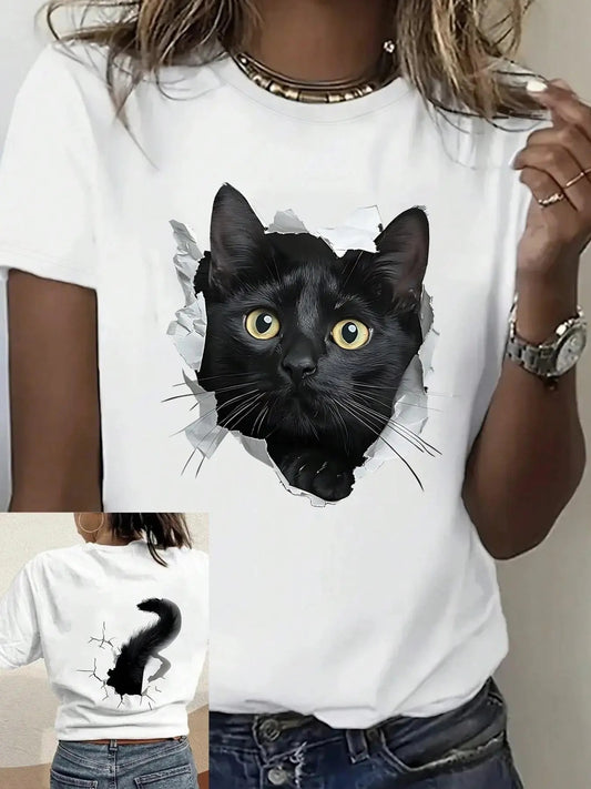 Women's Cat Print Round Neck Tee, Fashion Casual Crew Neck T-Shirt for Daily Holiday Vacation Outdoor Wear, Ladies...