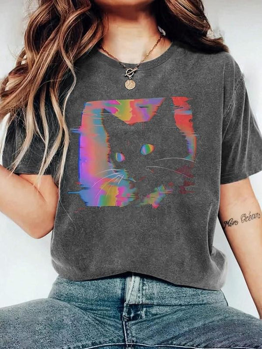 Women's Cat Print Round Neck Tee, Fashion Casual Crew Neck T-Shirt for Daily Holiday Vacation Outdoor Wear, Ladies...