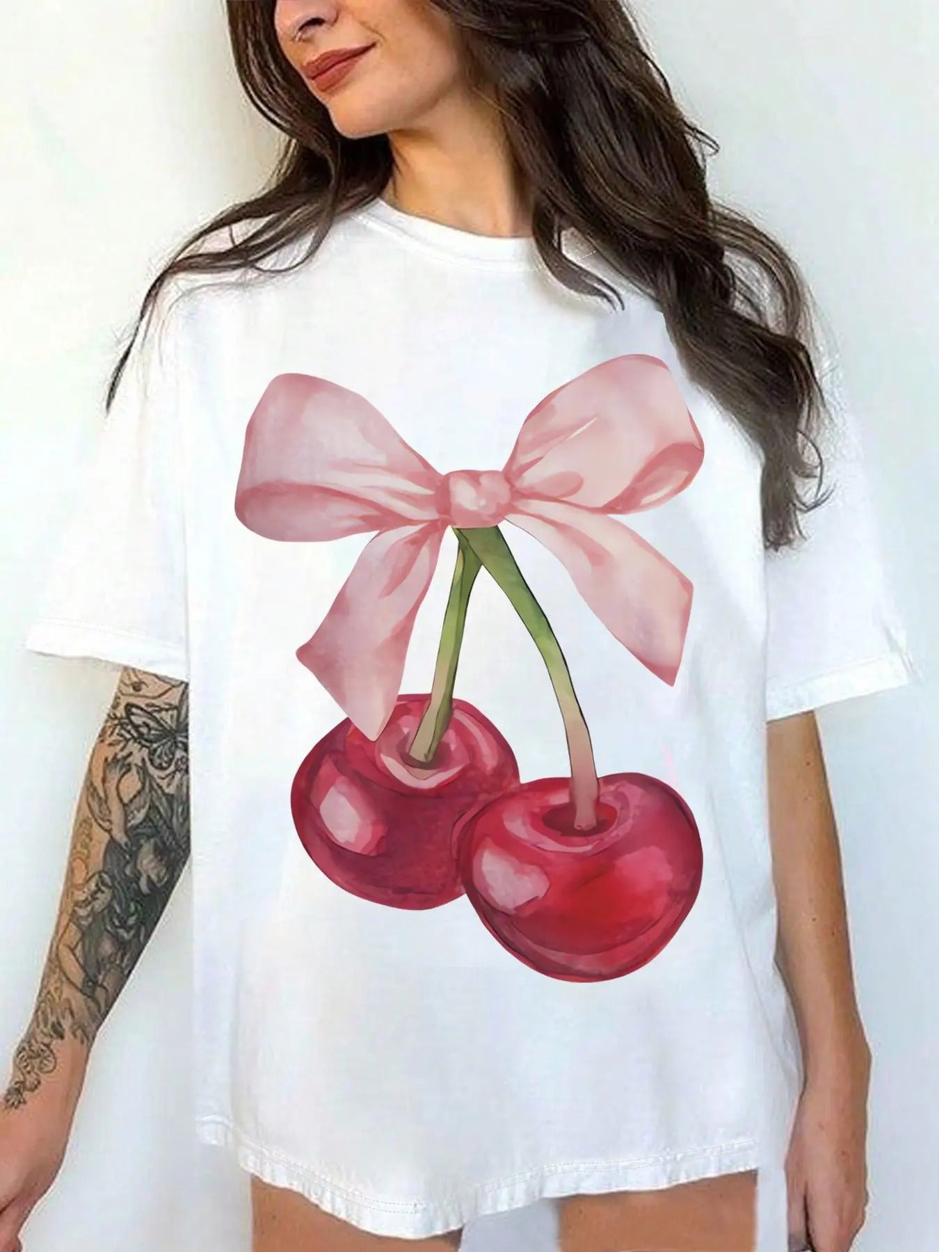 Women's Cherry & Bow Print Drop Shoulder Tee, Casual Half Sleeve Round Neck T-Shirt for Summer, Women's Top for Daily...