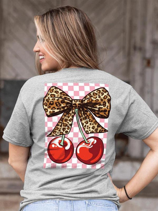 Women's Cherry & Bowknot Print Round Neck Tee, Fashion Casual Crew Neck T-Shirt for Daily Holiday Vacation Outdoor Wear,...