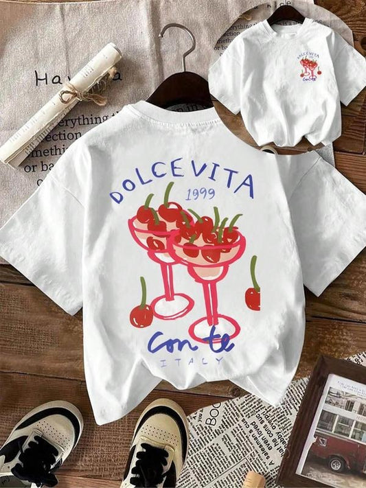 Women's Cherry & Cocktail Print Round Neck Tee, Fashion Casual Short Sleeve T-shirt, Ladies Summer Clothes for Daily...