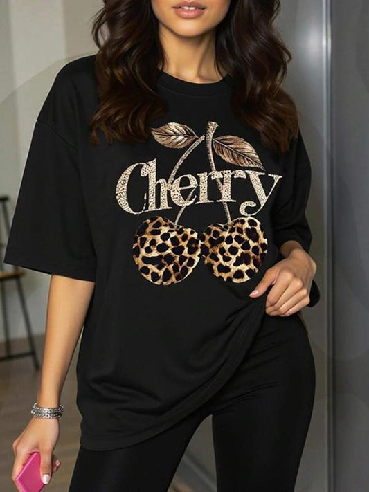 Women's Cherry & Leopard Print Round Neck Tee, Casual Glitter Letter Print Short Sleeve T-shirt for Daily Wear, Ladies...