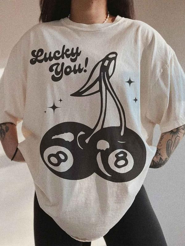 Women's Cherry & Letter Print Drop Shoulder Tee, Casual Half Sleeve Round Neck T-shirt for Summer, Women's Top for Daily...