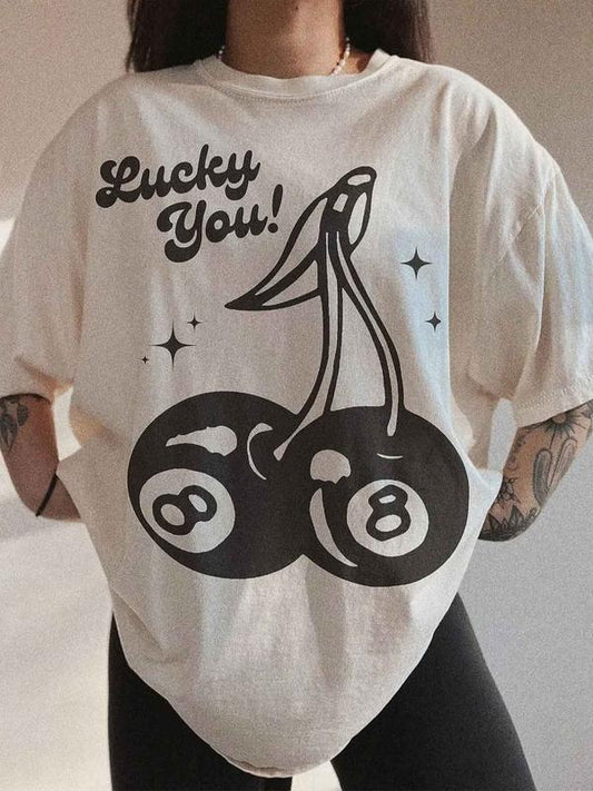 Women's Cherry & Letter Print Drop Shoulder Tee, Casual Half Sleeve Round Neck T-shirt for Summer, Women's Top for Daily...