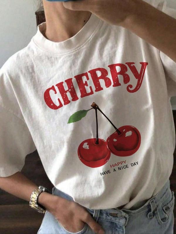 Women's Cherry & Letter Print Drop Shoulder Tee, Casual Trendy Short Sleeve Round Neck T-Shirt, Ladies Clothes for Daily...